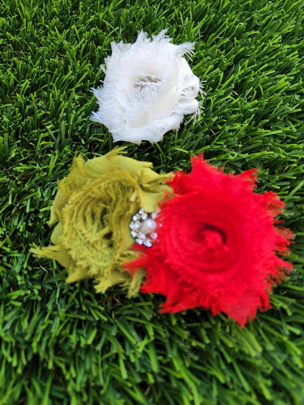 Kids Red, Olive & White Floral Hair Clips - Decorative Rosette Set
